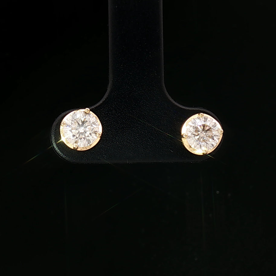 18k Yellow Gold Diamond Stud Earrings – 1.00ct Natural Round Brilliant Diamonds, 2ct Face Look