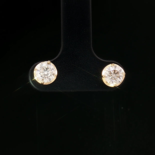 18k Yellow Gold Diamond Stud Earrings – 1.00ct Natural Round Brilliant Diamonds, 2ct Face Look