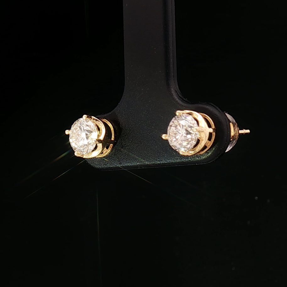 18k Yellow Gold Diamond Stud Earrings – 1.00ct Natural Round Brilliant Diamonds, 2ct Face Look