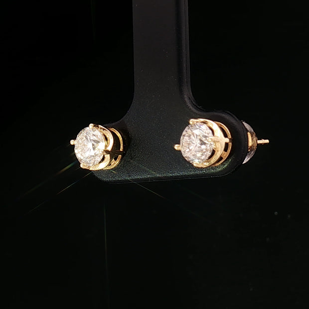 18k Yellow Gold Diamond Stud Earrings – 1.00ct Natural Round Brilliant Diamonds, 2ct Face Look
