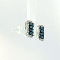 18k White Gold Square Illusion Stud Earrings – 1.00ct Fancy Blue & Colourless Natural Diamond Cluster