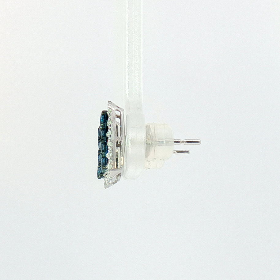 18k White Gold Square Illusion Stud Earrings – 1.00ct Fancy Blue & Colourless Natural Diamond Cluster