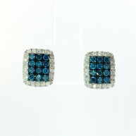 18k White Gold Square Illusion Stud Earrings – 1.00ct Fancy Blue & Colourless Natural Diamond Cluster