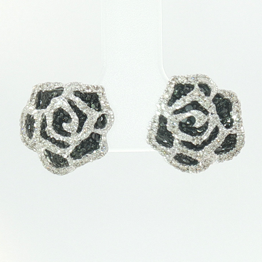118k White Gold 3D Rose Stud Earrings – 1.00ct Black & Colourless Natural Brilliant-Cut Diamonds