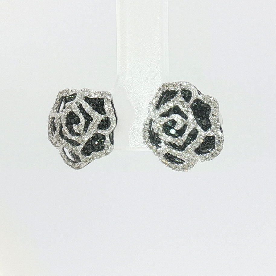118k White Gold 3D Rose Stud Earrings – 1.00ct Black & Colourless Natural Brilliant-Cut Diamonds