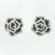 118k White Gold 3D Rose Stud Earrings – 1.00ct Black & Colourless Natural Brilliant-Cut Diamonds