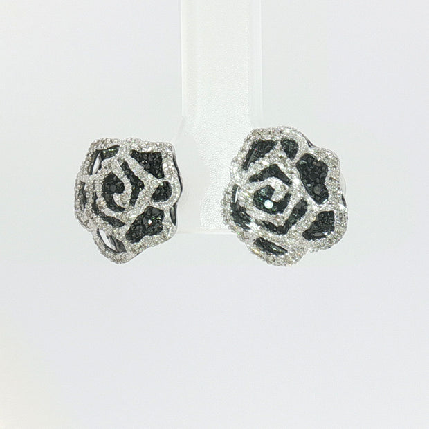 118k White Gold 3D Rose Stud Earrings – 1.00ct Black & Colourless Natural Brilliant-Cut Diamonds