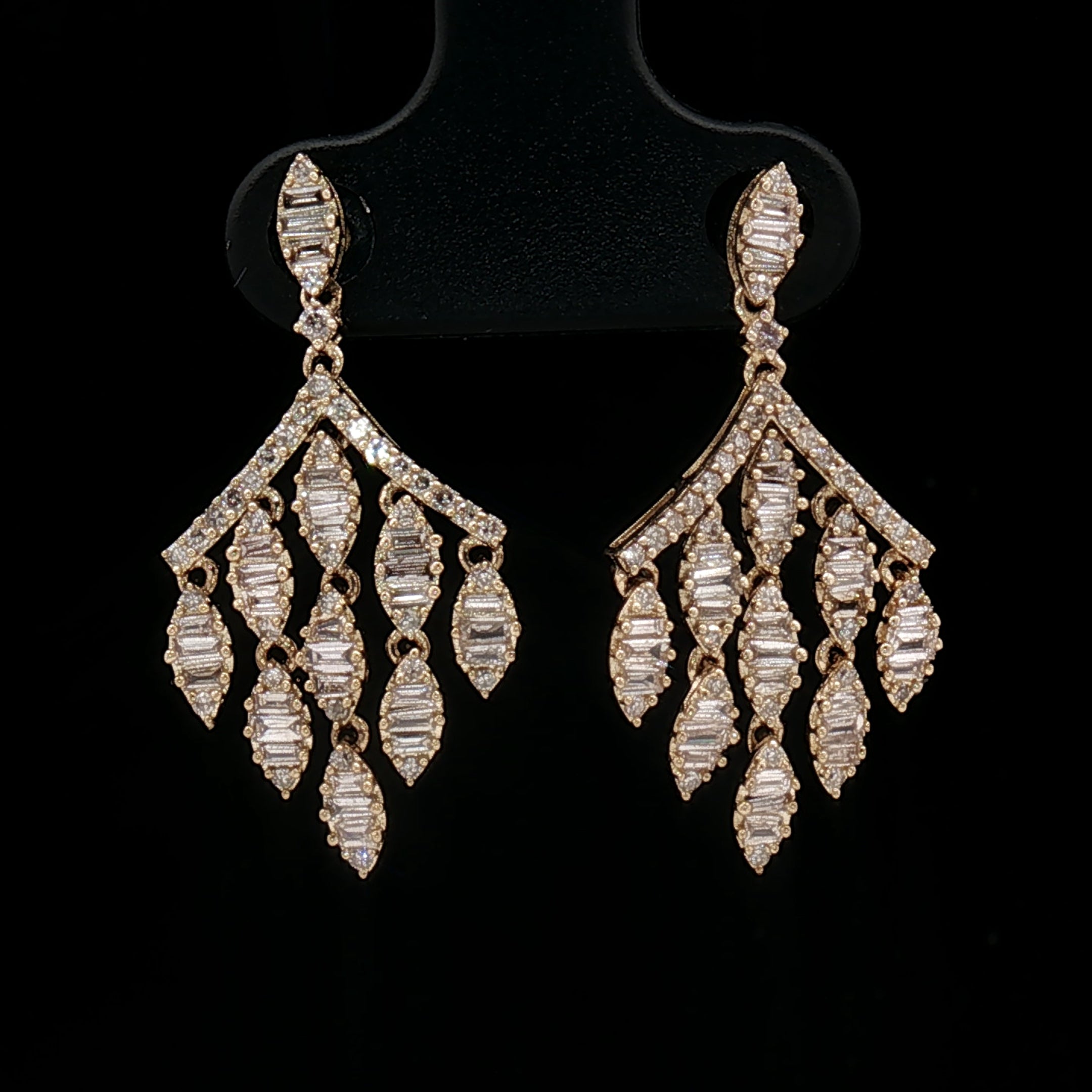 18k Yellow Gold Diamond Dangle Earrings – 1.00ct Natural Round & Baguette Diamond Cascade