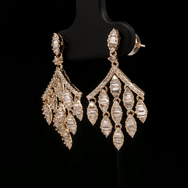 18k Yellow Gold Diamond Dangle Earrings – 1.00ct Natural Round & Baguette Diamond Cascade