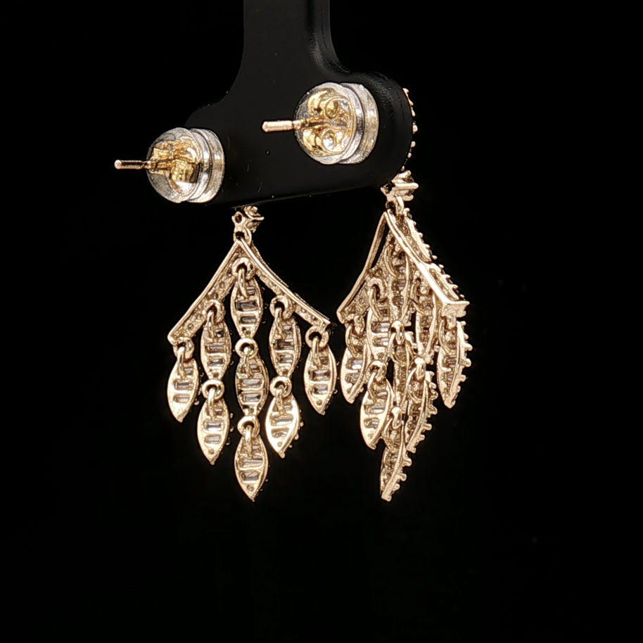 18k Yellow Gold Diamond Dangle Earrings – 1.00ct Natural Round & Baguette Diamond Cascade