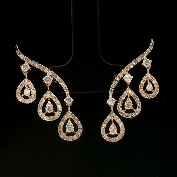 18k Yellow Gold Pear Dangle Earrings – 1.00ct Natural Round Brilliant Diamond Illusion Drops