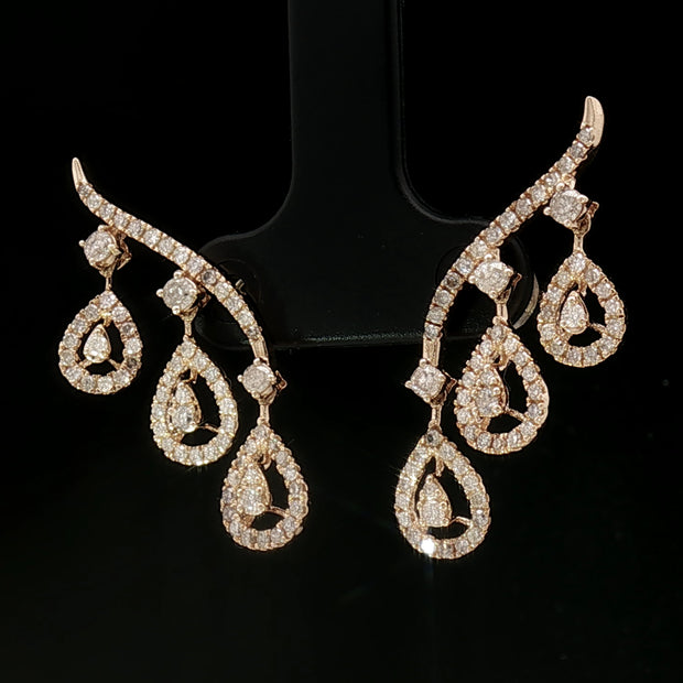 18k Yellow Gold Pear Dangle Earrings – 1.00ct Natural Round Brilliant Diamond Illusion Drops
