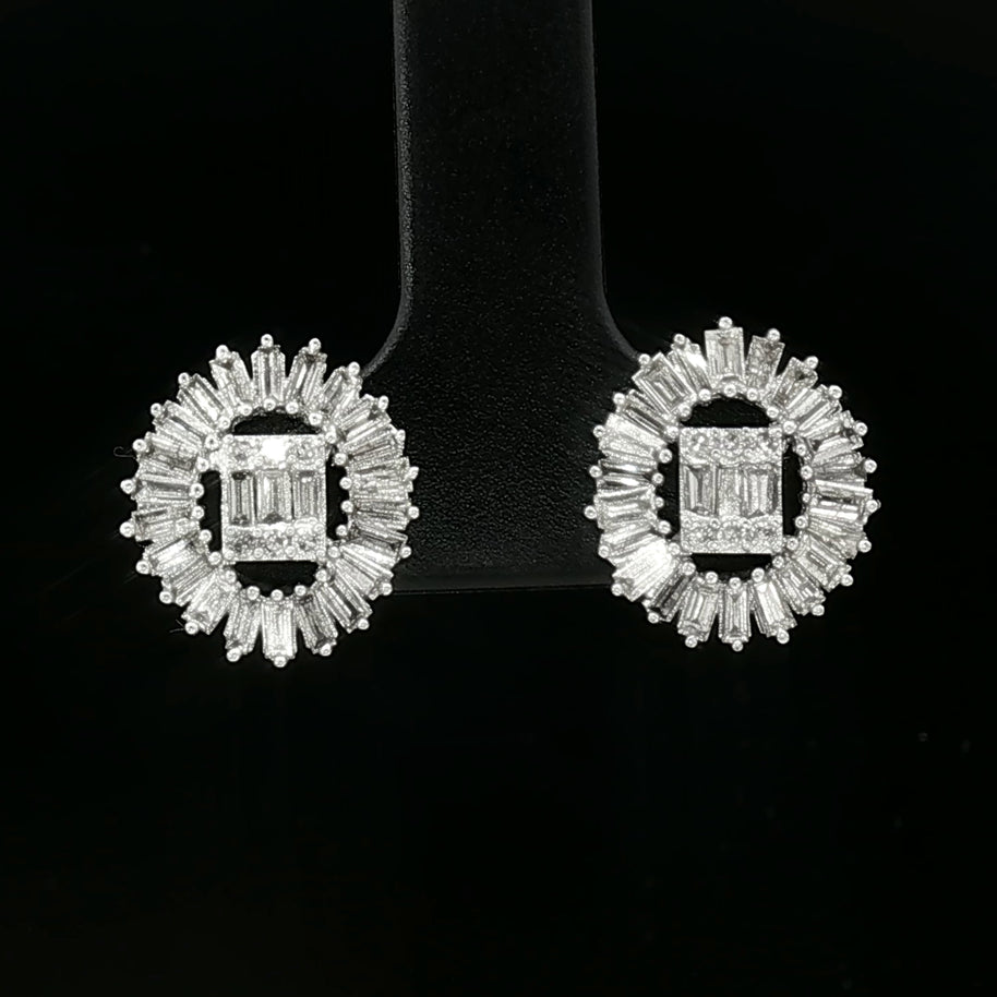 18k White Gold Diamond Stud Earrings – 1.00ct Natural Round & Baguette Brilliant-Cut Diamonds