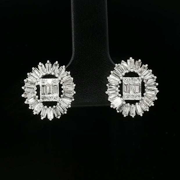 18k White Gold Diamond Stud Earrings – 1.00ct Natural Round & Baguette Brilliant-Cut Diamonds