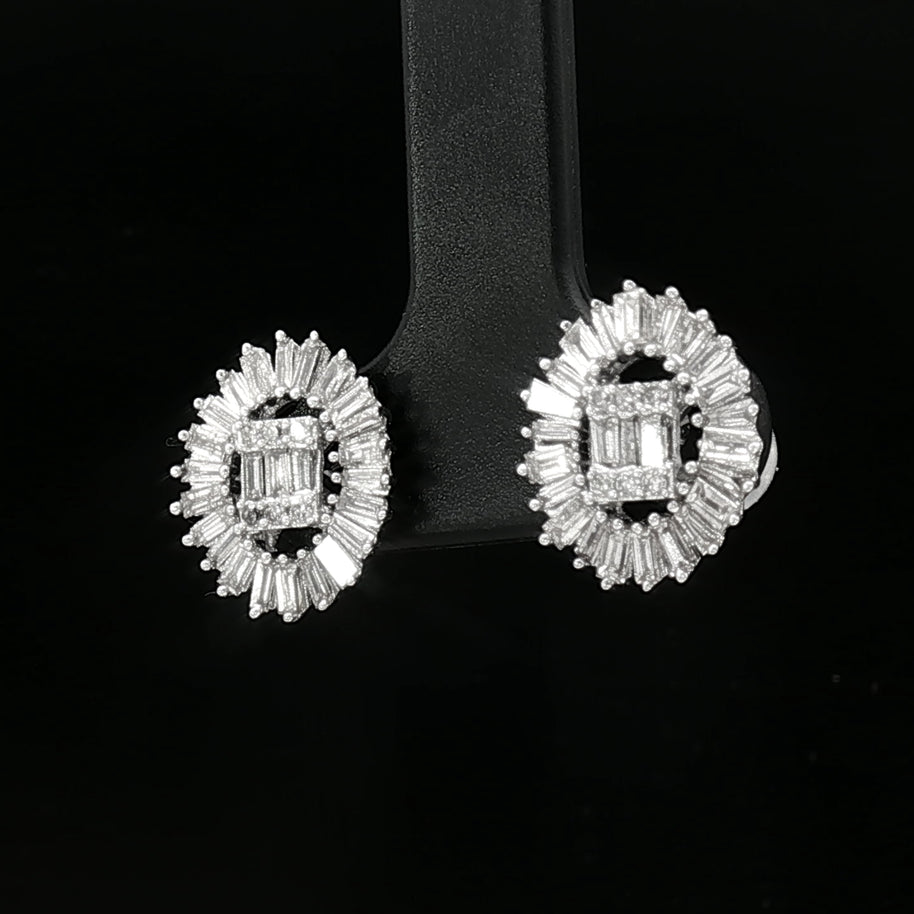 18k White Gold Diamond Stud Earrings – 1.00ct Natural Round & Baguette Brilliant-Cut Diamonds