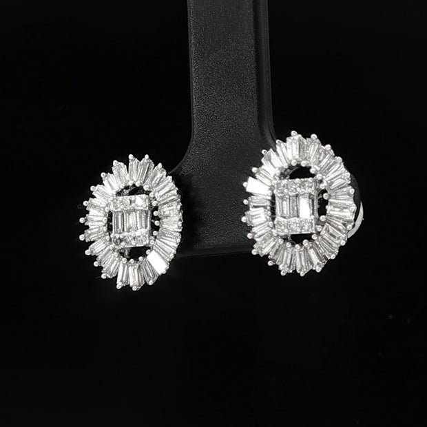 18k White Gold Diamond Stud Earrings – 1.00ct Natural Round & Baguette Brilliant-Cut Diamonds