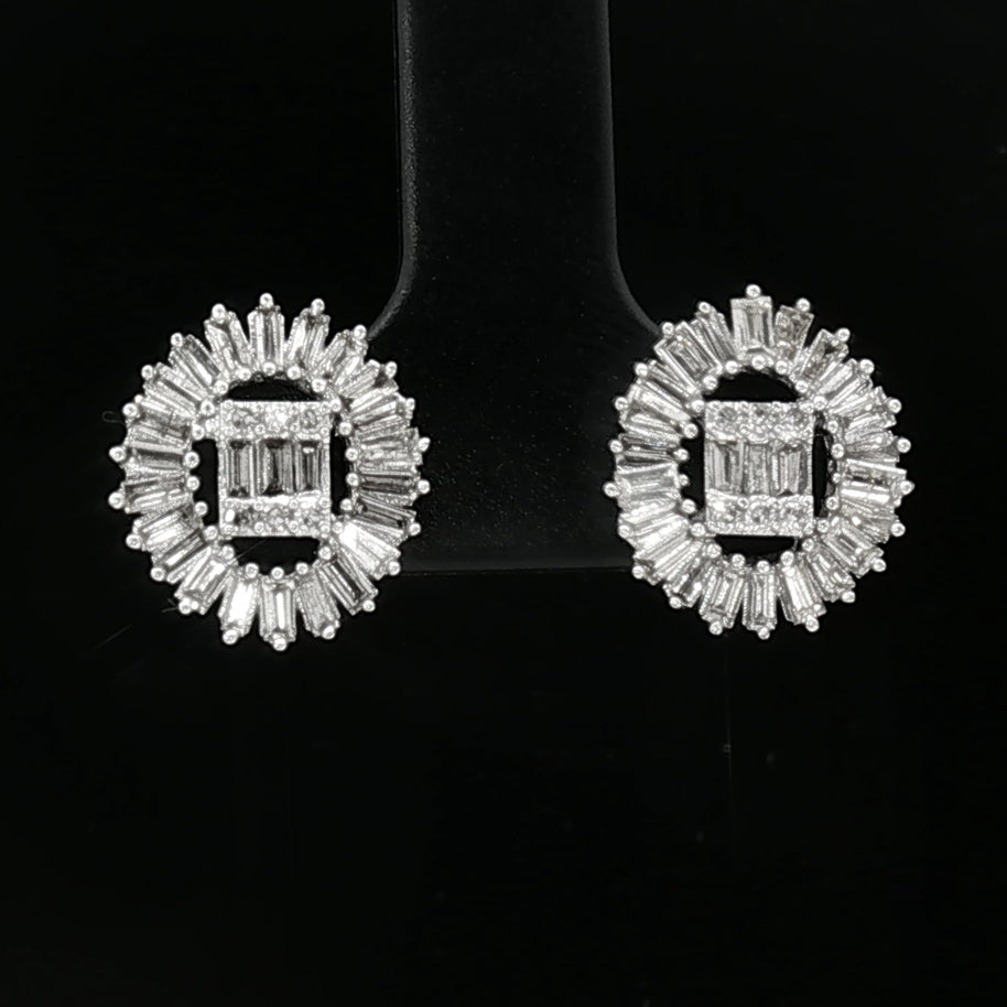 18k White Gold Diamond Stud Earrings – 1.00ct Natural Round & Baguette Brilliant-Cut Diamonds