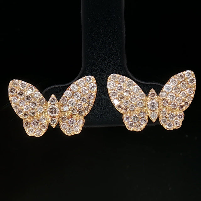 18k Yellow Gold Butterfly Cluster Stud Earrings with 1.00tcw Brilliant Cut Natural Diamonds