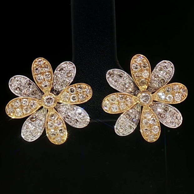 18k 2-Colour Yellow and White Gold Floral Stud Earrings with 1.00tcw Natural Diamond