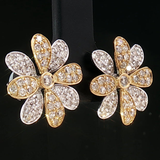 18k 2-Colour Yellow and White Gold Floral Stud Earrings with 1.00tcw Natural Diamond