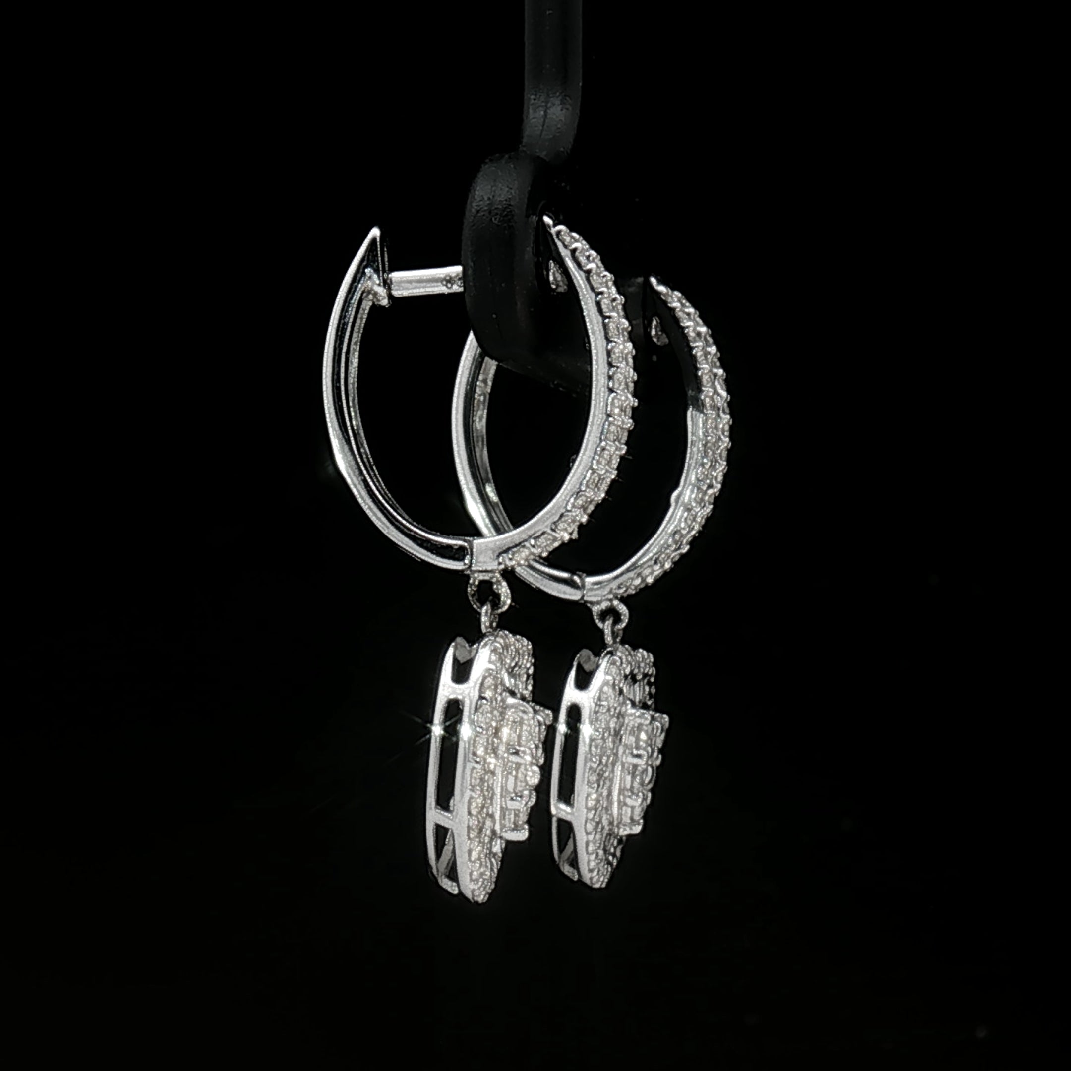 Elegant heart diamond earrings in 18k white gold with natural round and baguette diamonds