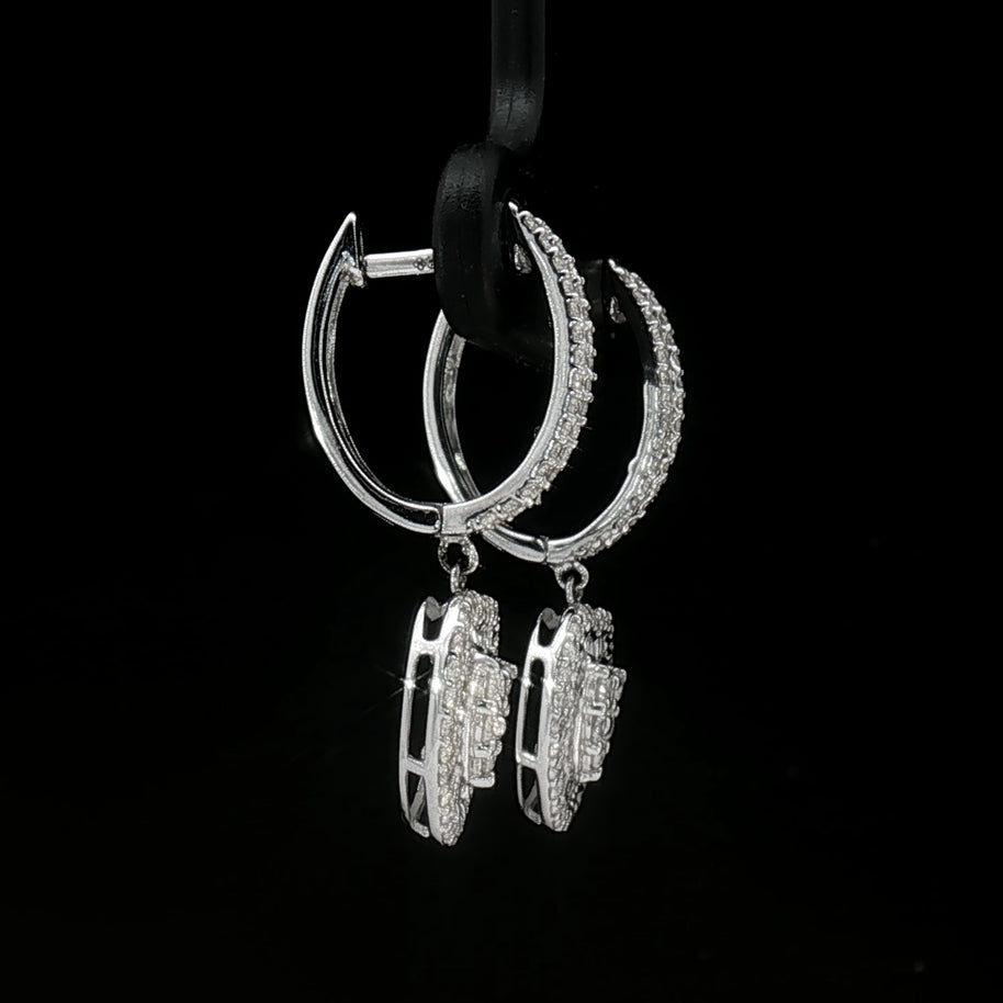 Elegant heart diamond earrings in 18k white gold with natural round and baguette diamonds