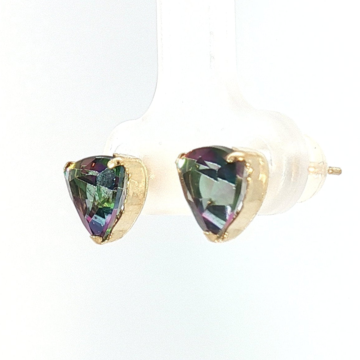 18k Yellow Gold Stud Earrings with 2.80tcw Trillion Cut Rainbow Opal