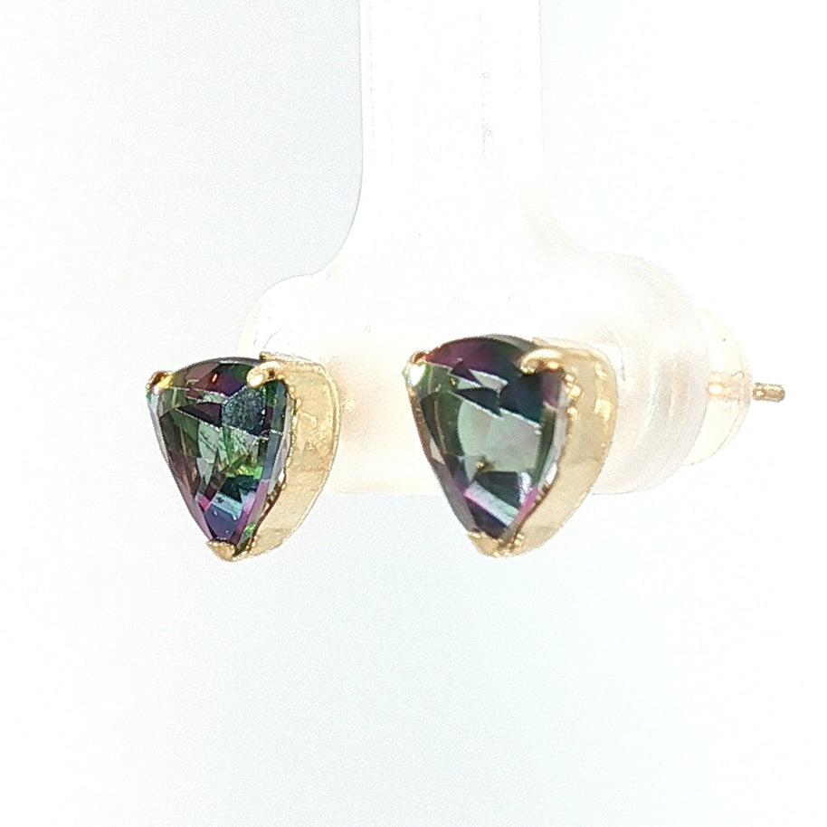 18k Yellow Gold Stud Earrings with 2.80tcw Trillion Cut Rainbow Opal