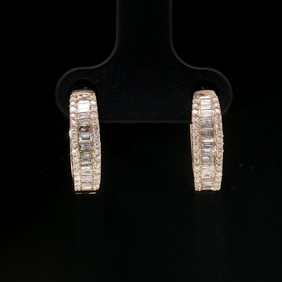 18k Yellow Gold Diamond Hoop Earrings – 0.50ct Natural Round & Baguette Brilliant Diamonds