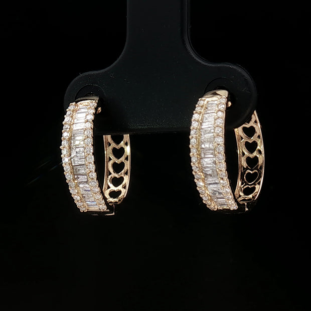18k Yellow Gold Diamond Hoop Earrings – 0.50ct Natural Round & Baguette Brilliant Diamonds