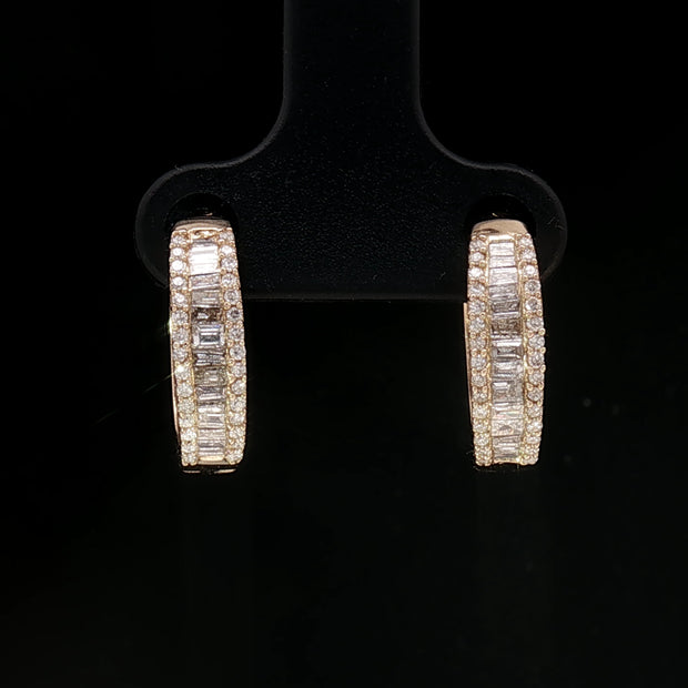 18k Yellow Gold Diamond Hoop Earrings – 0.50ct Natural Round & Baguette Brilliant Diamonds