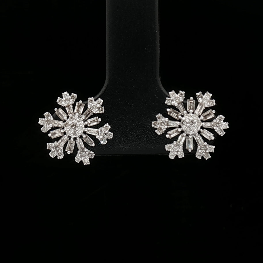18k White Gold Snowflake Diamond Stud Earrings – 0.50ct Natural Round & Baguette Diamonds
