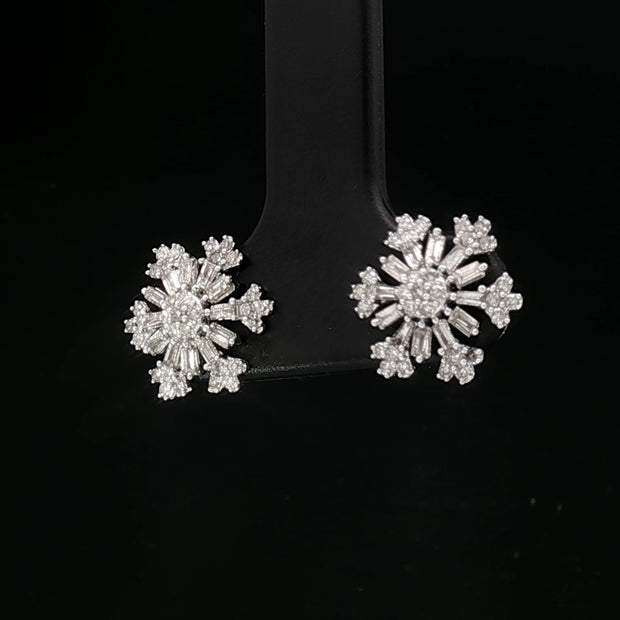 18k White Gold Snowflake Diamond Stud Earrings – 0.50ct Natural Round & Baguette Diamonds
