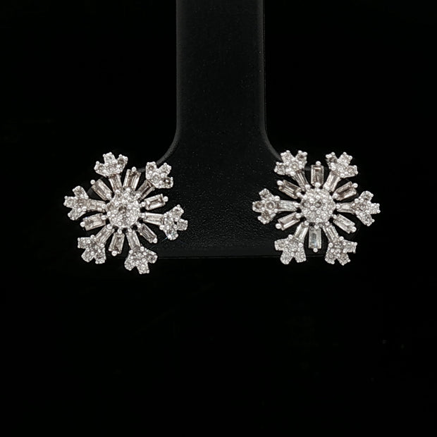 18k White Gold Snowflake Diamond Stud Earrings – 0.50ct Natural Round & Baguette Diamonds