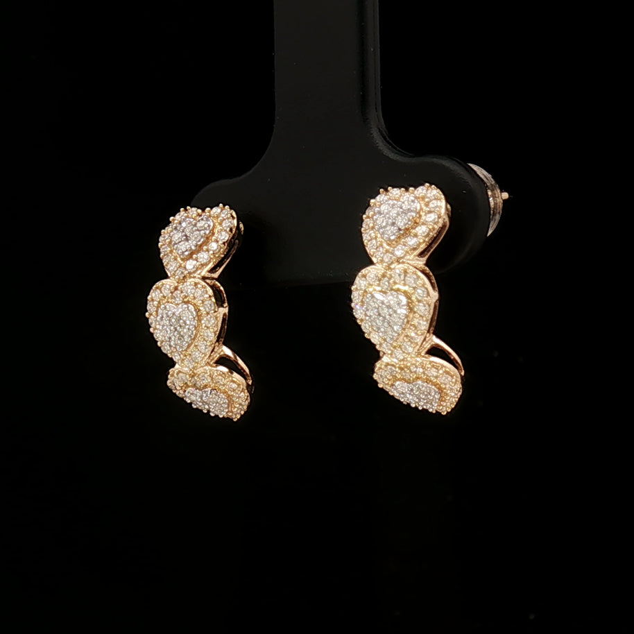 18k Yellow & White Gold Tri-Heart Half Loop Earrings – 0.50ct Natural Round Brilliant Diamond Clusters