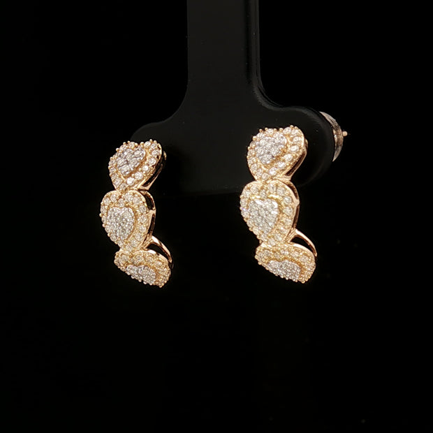 18k Yellow & White Gold Tri-Heart Half Loop Earrings – 0.50ct Natural Round Brilliant Diamond Clusters