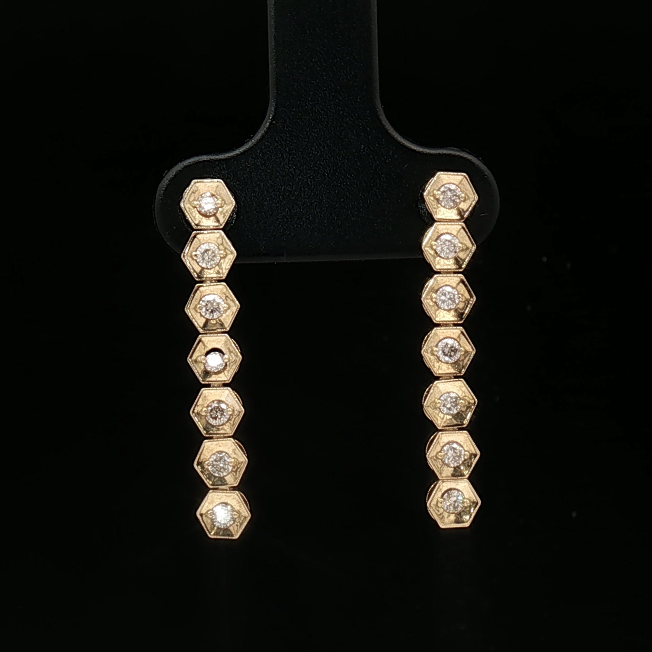 18k Yellow Gold Hexagon Dangle Earrings – 0.30ct Natural Brilliant Diamonds, 3.5ct Face Look