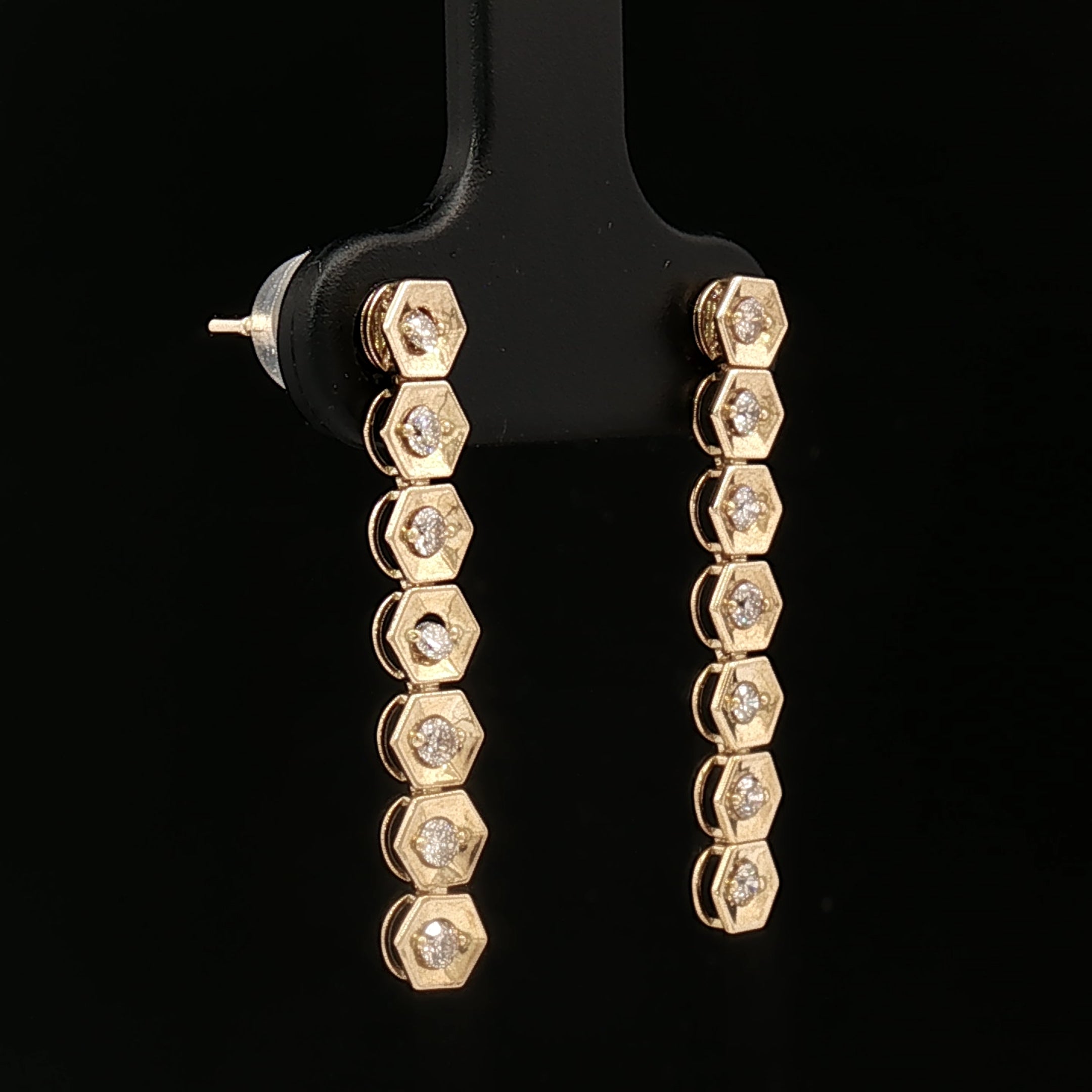 18k Yellow Gold Hexagon Dangle Earrings – 0.30ct Natural Brilliant Diamonds, 3.5ct Face Look
