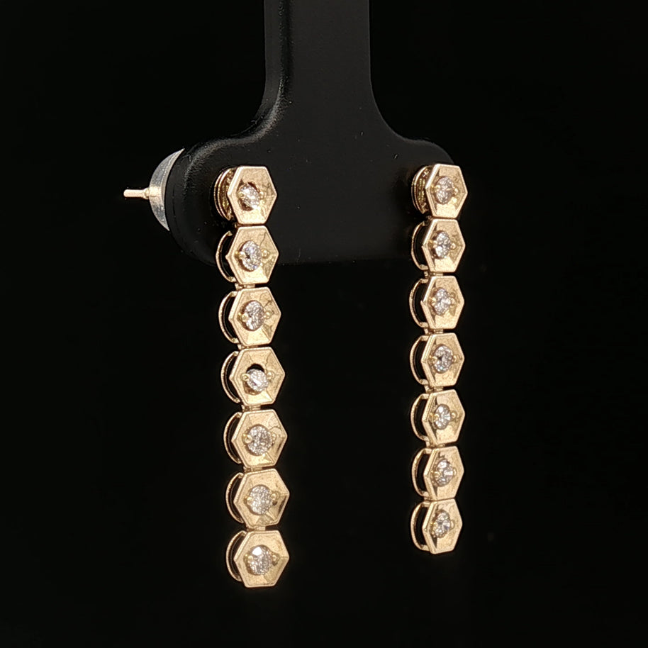 18k Yellow Gold Hexagon Dangle Earrings – 0.30ct Natural Brilliant Diamonds, 3.5ct Face Look