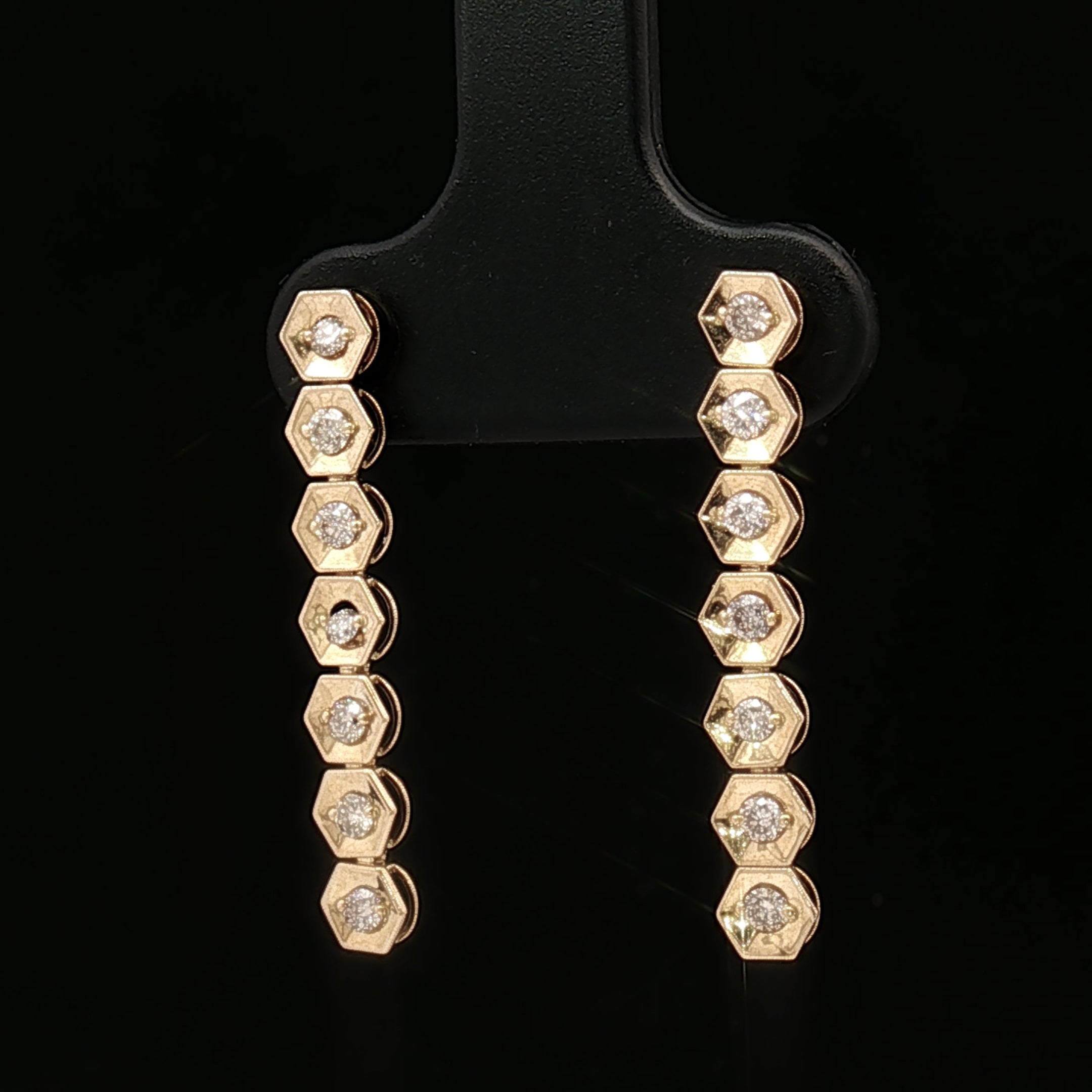 18k Yellow Gold Hexagon Dangle Earrings – 0.30ct Natural Brilliant Diamonds, 3.5ct Face Look