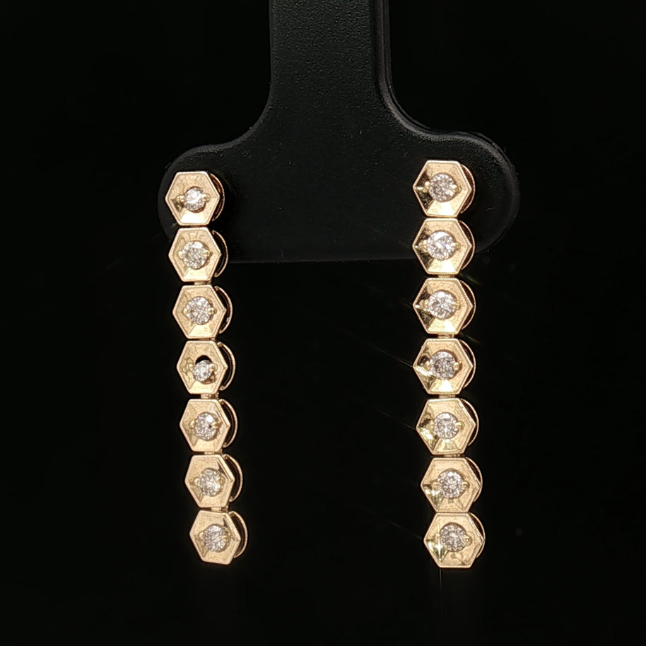 18k Yellow Gold Hexagon Dangle Earrings – 0.30ct Natural Brilliant Diamonds, 3.5ct Face Look
