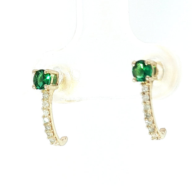 18K Yellow Gold Half Loop Earrings with 0.22tcw Green Emerald and 0.08tcw Natural Diamond
