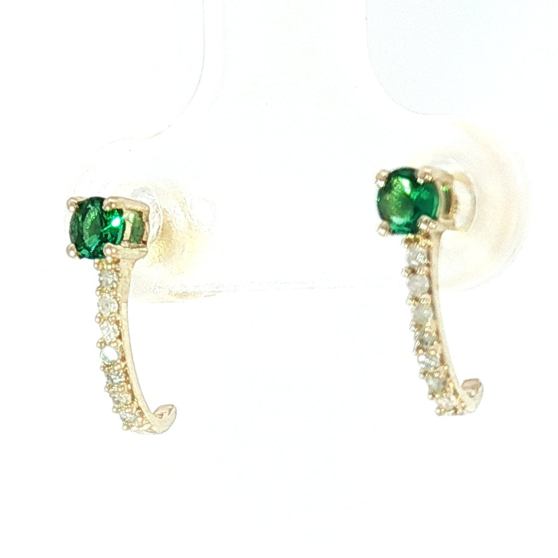18K Yellow Gold Half Loop Earrings with 0.22tcw Green Emerald and 0.08tcw Natural Diamond