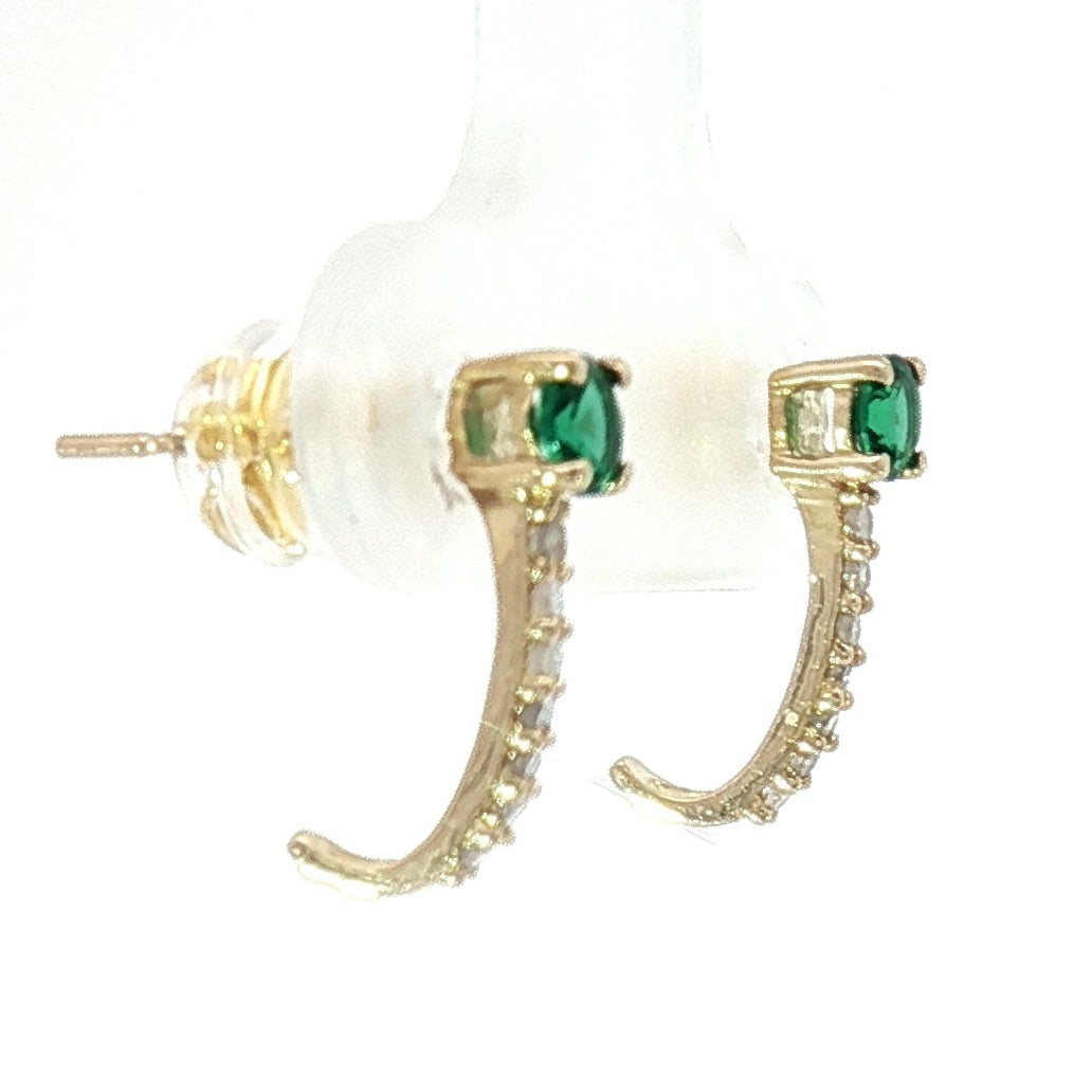 18K Yellow Gold Half Loop Earrings with 0.22tcw Green Emerald and 0.08tcw Natural Diamond
