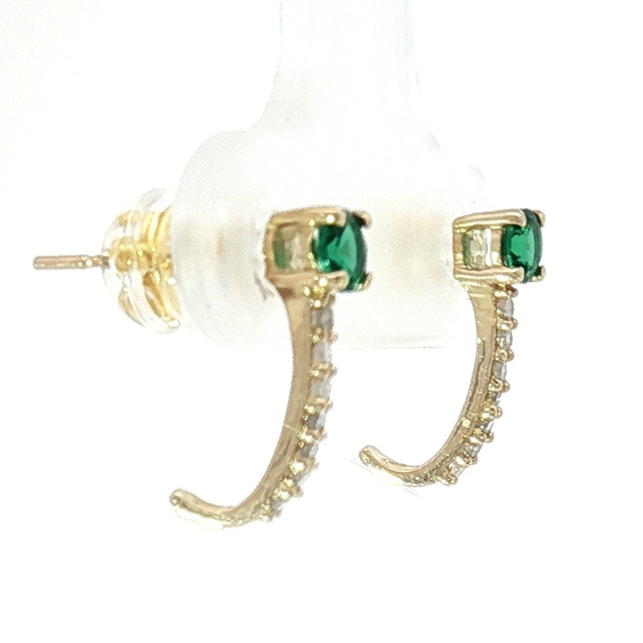 18K Yellow Gold Half Loop Earrings with 0.22tcw Green Emerald and 0.08tcw Natural Diamond