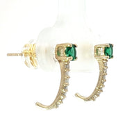18K Yellow Gold Half Loop Earrings with 0.22tcw Green Emerald and 0.08tcw Natural Diamond