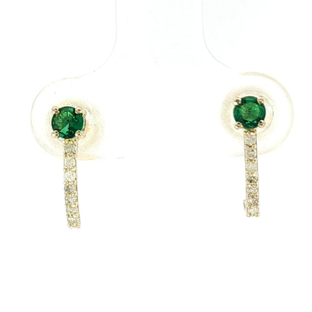 18K Yellow Gold Half Loop Earrings with 0.22tcw Green Emerald and 0.08tcw Natural Diamond