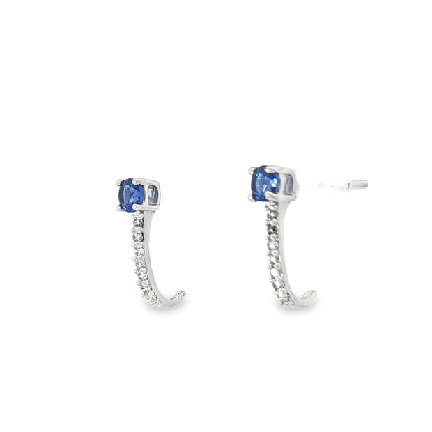 18k White Gold Half Loop Earrings – 0.24ct Deep Blue Sapphire & 0.08ct Natural Diamond Accents
