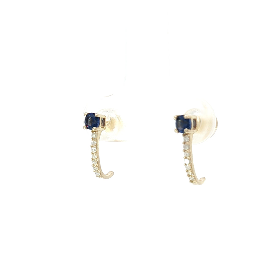 18k Yellow Gold Half Loop Earrings – 0.24ct Deep Blue Sapphire & 0.08ct Natural Diamond Accents