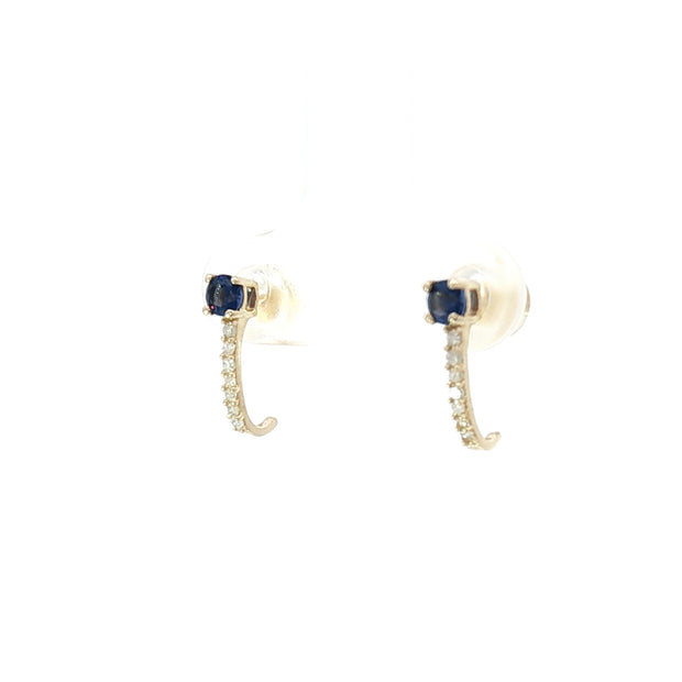 18k Yellow Gold Half Loop Earrings – 0.24ct Deep Blue Sapphire & 0.08ct Natural Diamond Accents